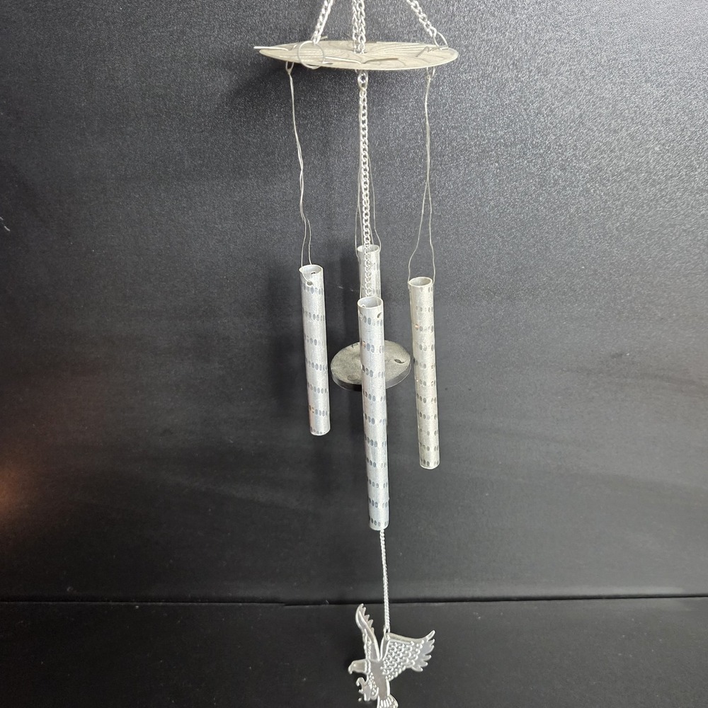 Tin Eagle Wind Chime Silver Outdoor Garden Patriotic Hanging Decor